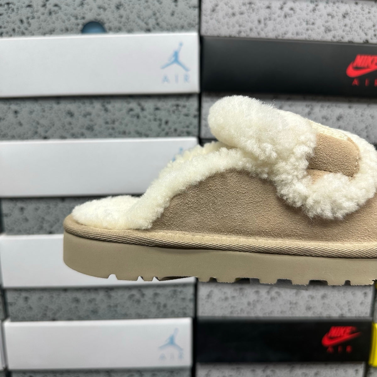 UGG Shearling Slide – Sand Suede Open-Toe Sandal with Sculptural Curly Shearling Knot Strap