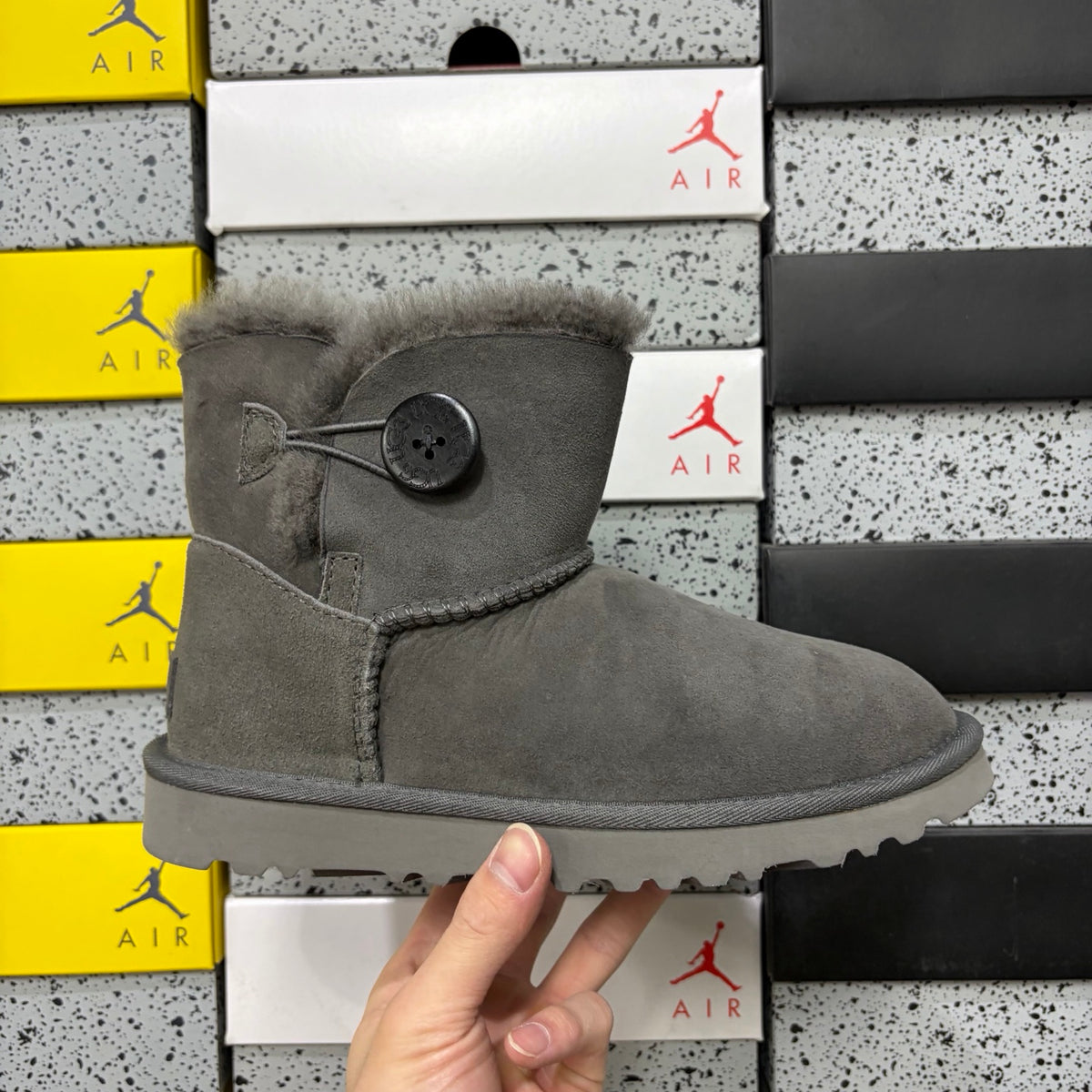 UGG Bailey Button Mini Boot – Grey Suede