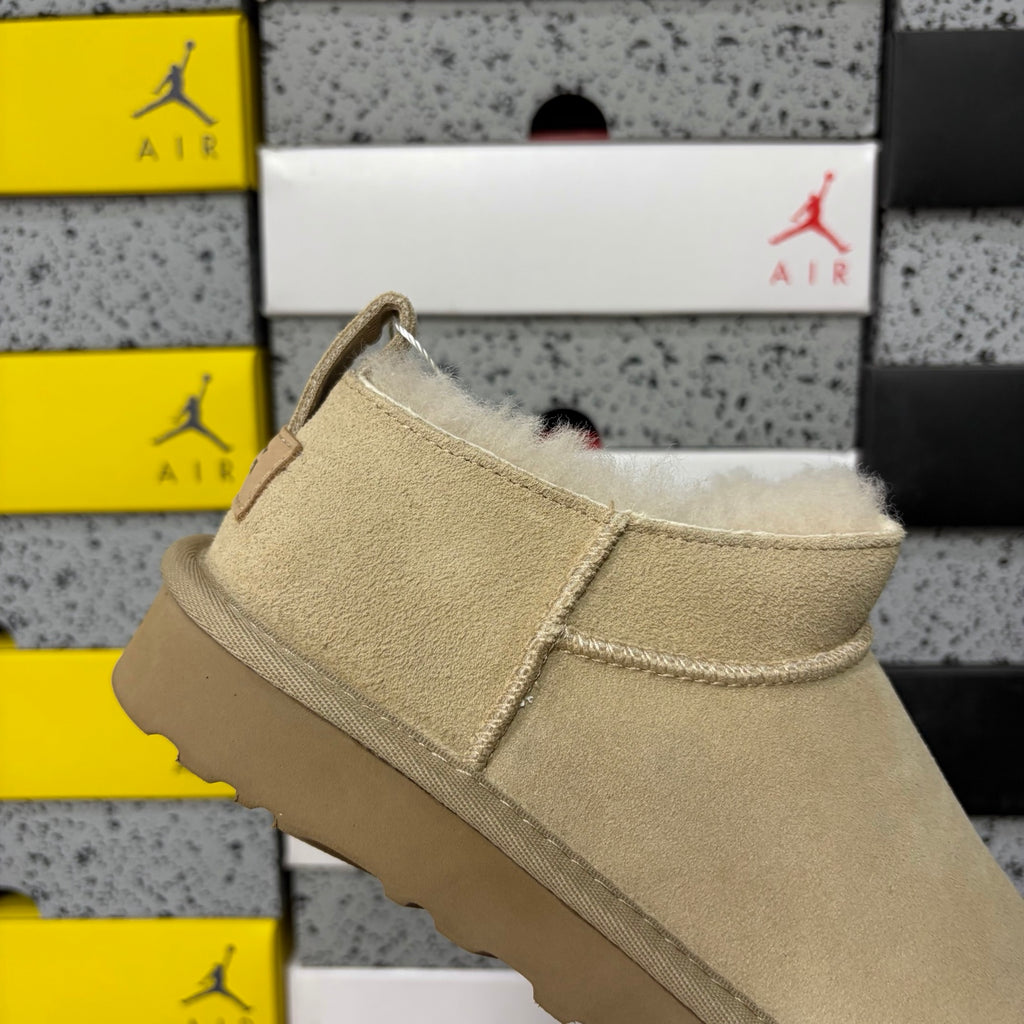 UGG Ultra Mini Boot – Sand Suede Low Ankle Boot with Cream Sheepskin Lining & Tonal Gum Sole