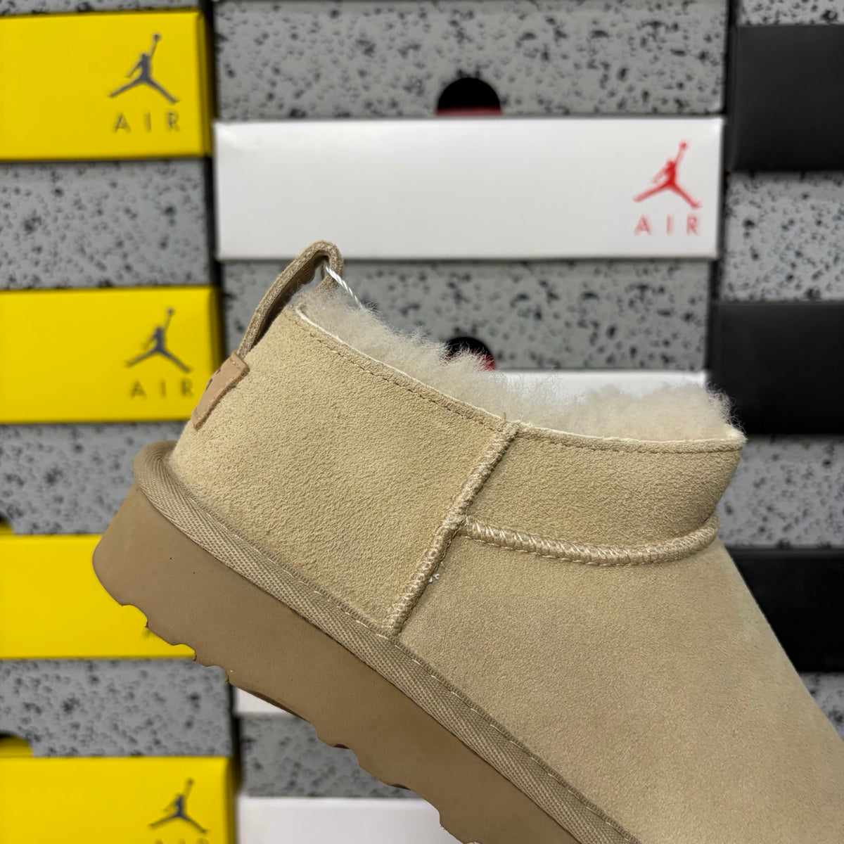 UGG Ultra Mini Boot – Sand Suede Low Ankle Boot with Cream Sheepskin Lining & Tonal Gum Sole