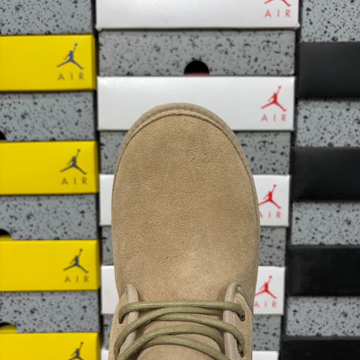 UGG Neumel Boot – Sand/Beige Suede Lace-Up Chukka with Blue Heel Pull Tab, Debossed UGG Logo & Gum Sole