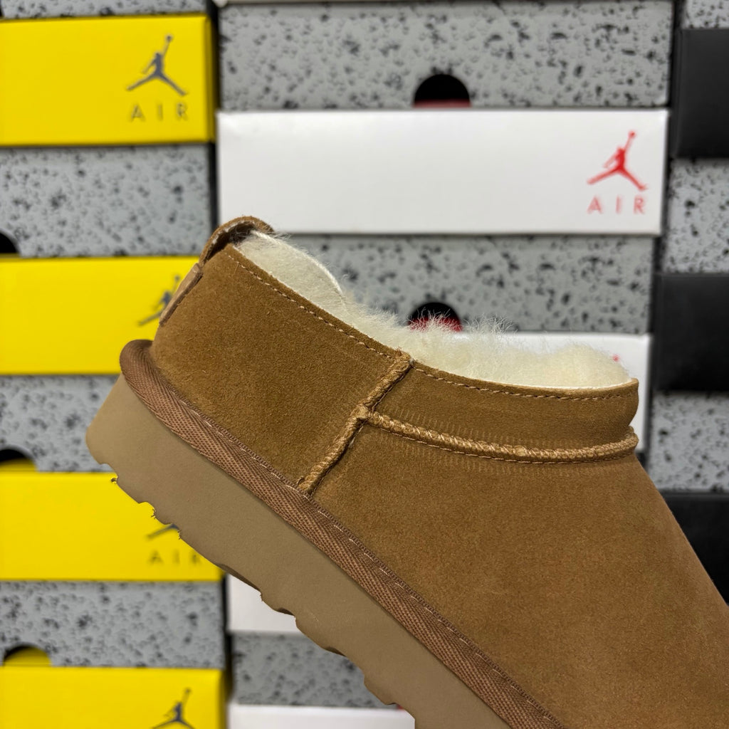 UGG Ultra Mini Boot – Chestnut Suede Low Ankle Boot with Cream Sheepskin Lining & Heel Pull Loop