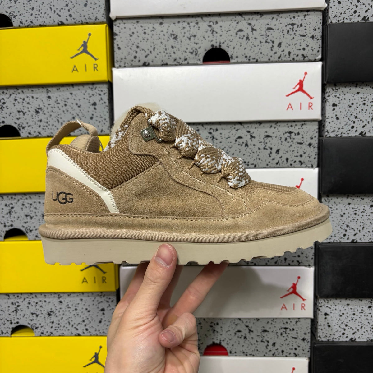 UGG Kallen Lace – Sand Suede Lace-Up Sneaker Boot with Cream Heel Contrast & Braided Rope Laces