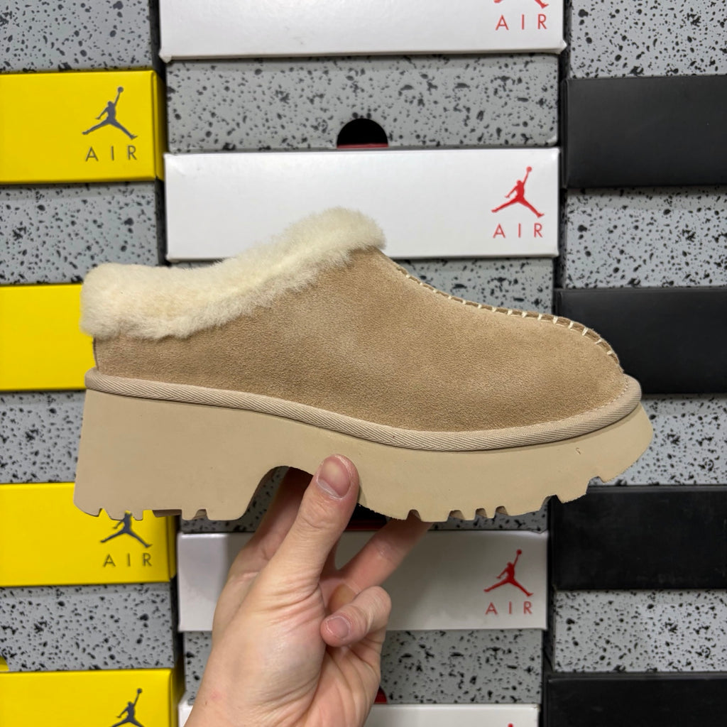 UGG Fisherman Wedge Slide – Sand with Genuine Sheepskin Footbed