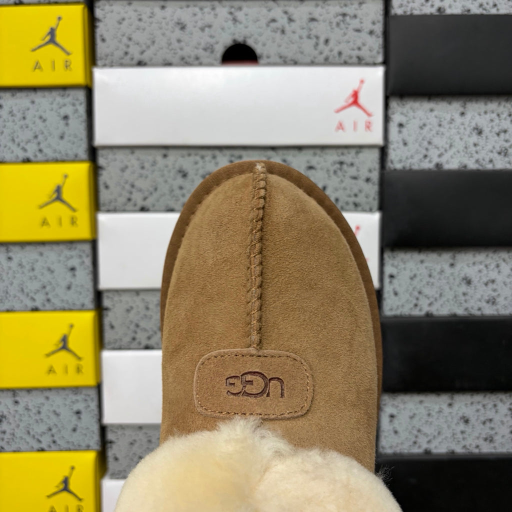 UGG Tazz Slipper – Chestnut Suede Tall Platform Mule with Voluminous Cream Sheepskin Roll Cuff