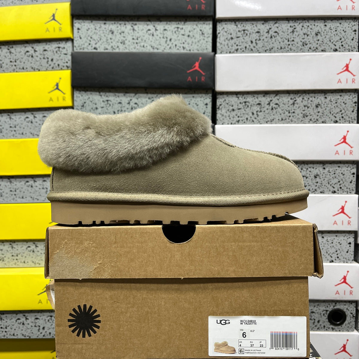 UGG Tazzette Slipper – Sage Suede with Tonal Fluffy Sheepskin Cuff