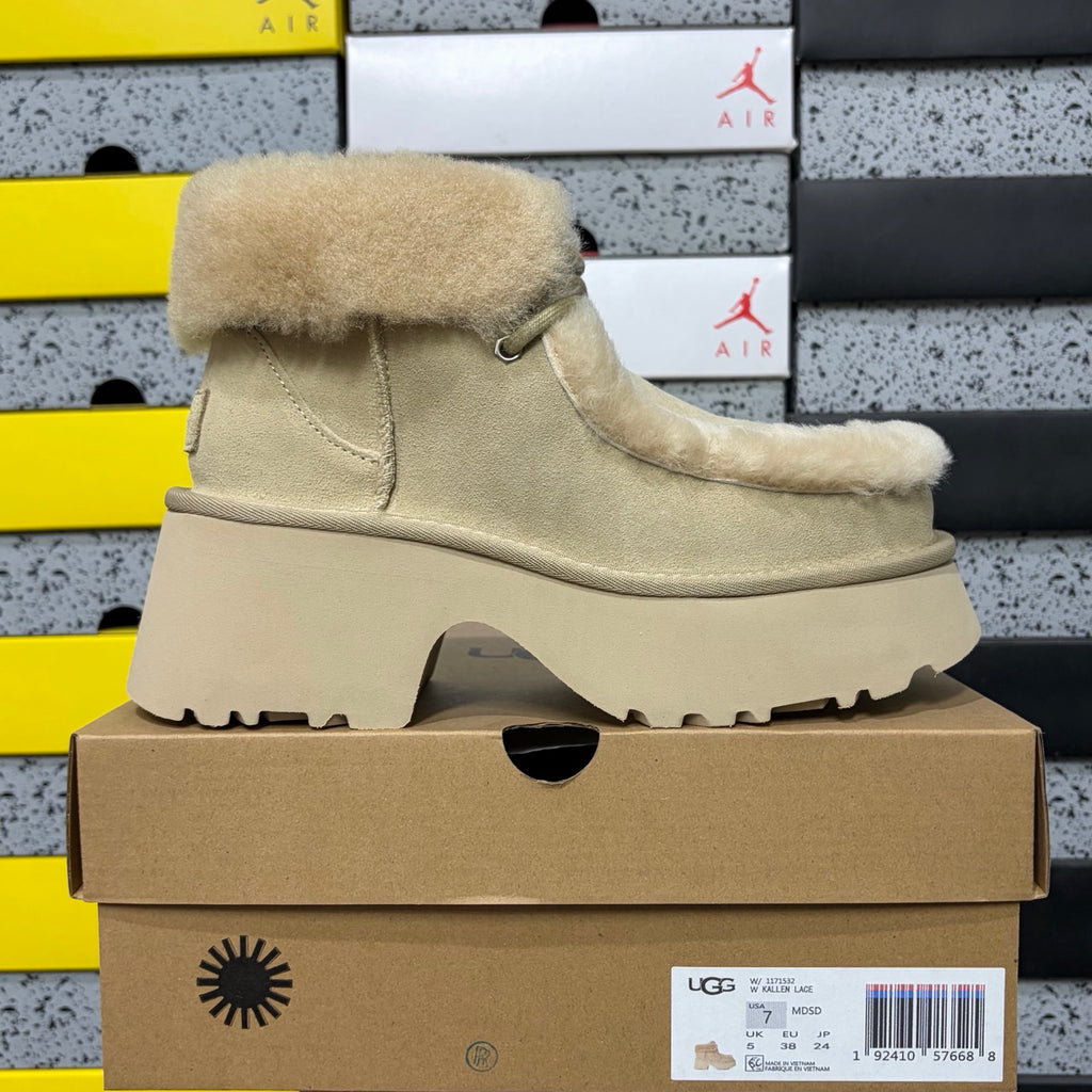 UGG Millen Lace Boot – Sand Suede Ankle Boot with Tonal Shearling Cuff & Chunky Platform Sole