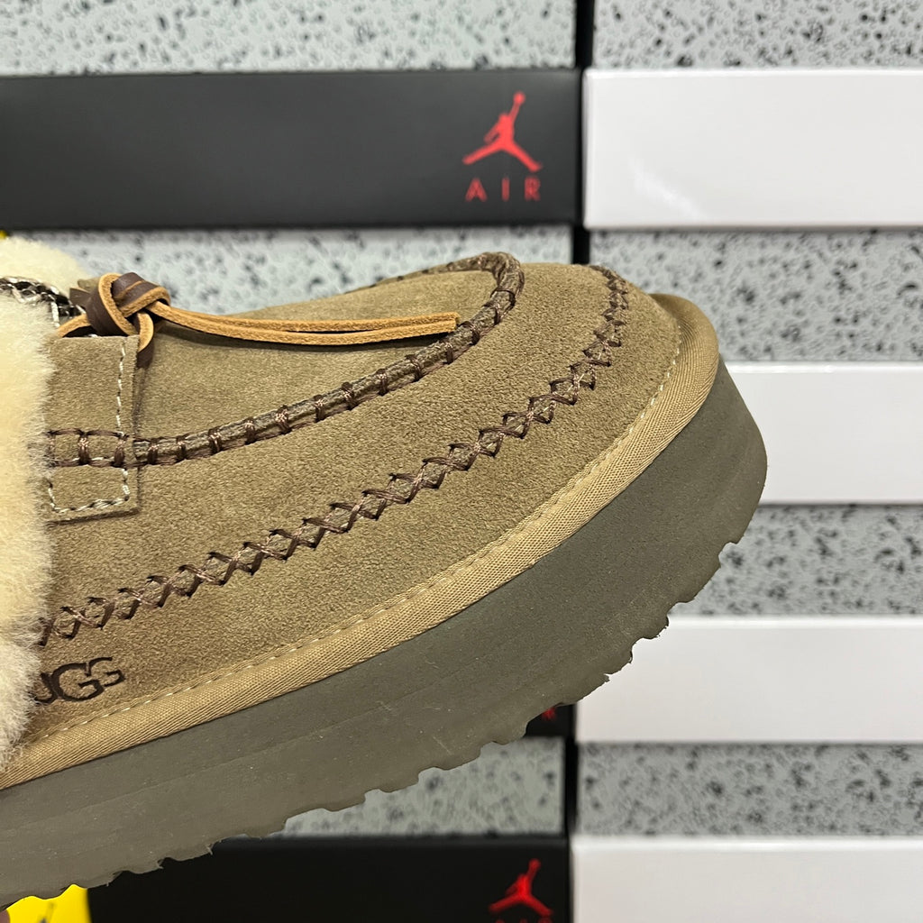 UGG Tazz Platform Slipper – Olive Suede Mule with Oversized Cream Shearling Cuff & Moccasin Stitching