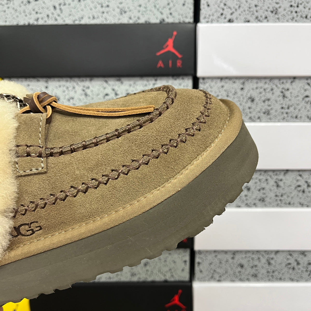 UGG Tazz Platform Slipper – Olive Suede Mule with Oversized Cream Shearling Cuff & Moccasin Stitching