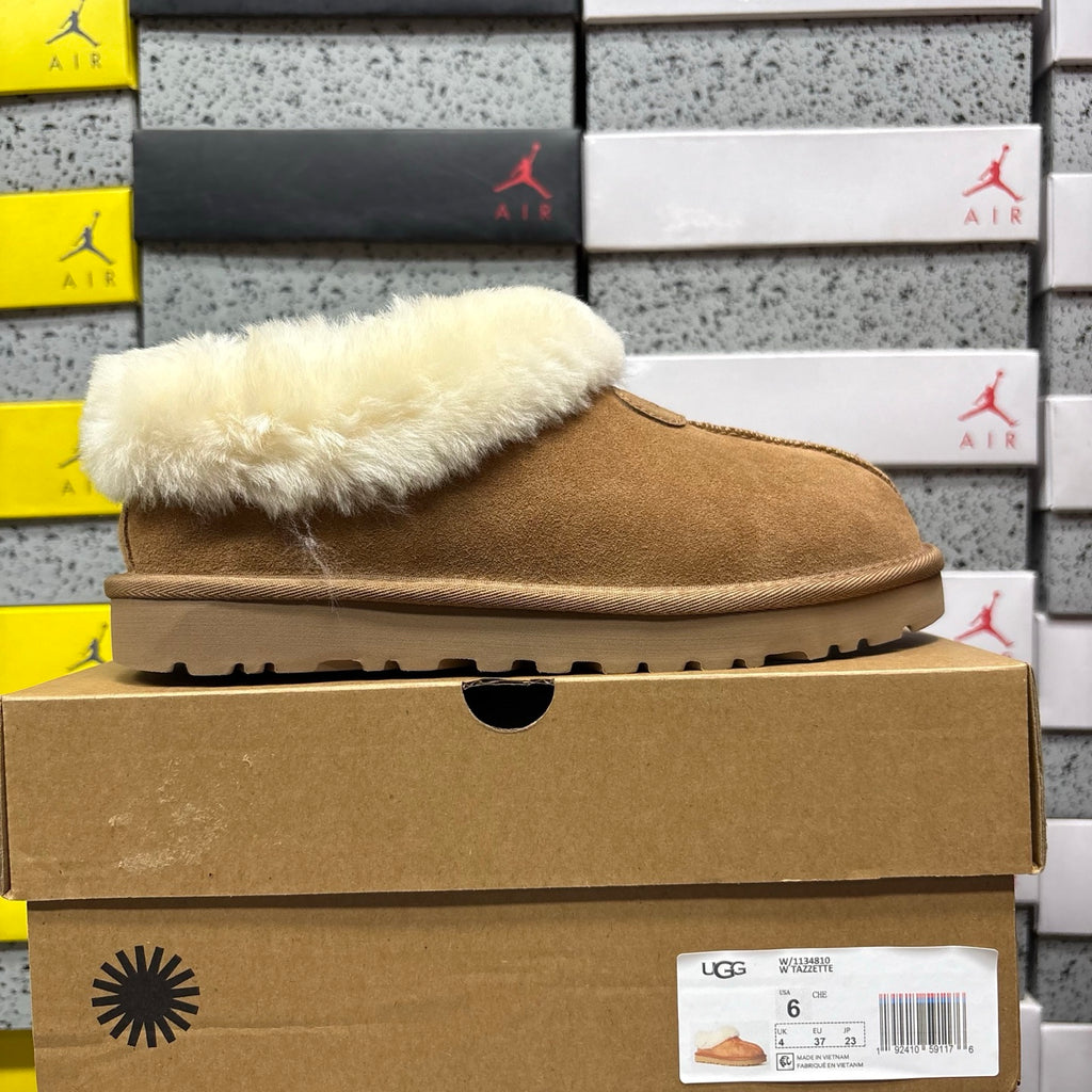 UGG Tazzette Slipper – Chestnut Suede with Fluffy Cream Sheepskin Cuff