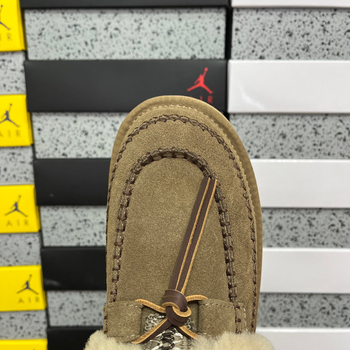 UGG Tazz Platform Slipper – Olive Suede Mule with Oversized Cream Shearling Cuff & Moccasin Stitching