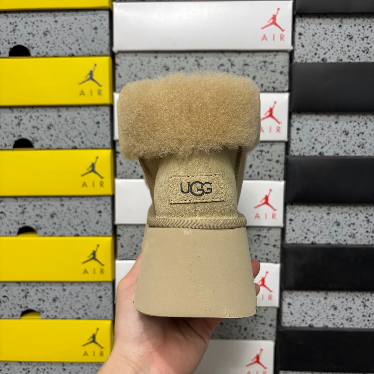 UGG Millen Lace Boot – Sand Suede Ankle Boot with Tonal Shearling Cuff & Chunky Platform Sole