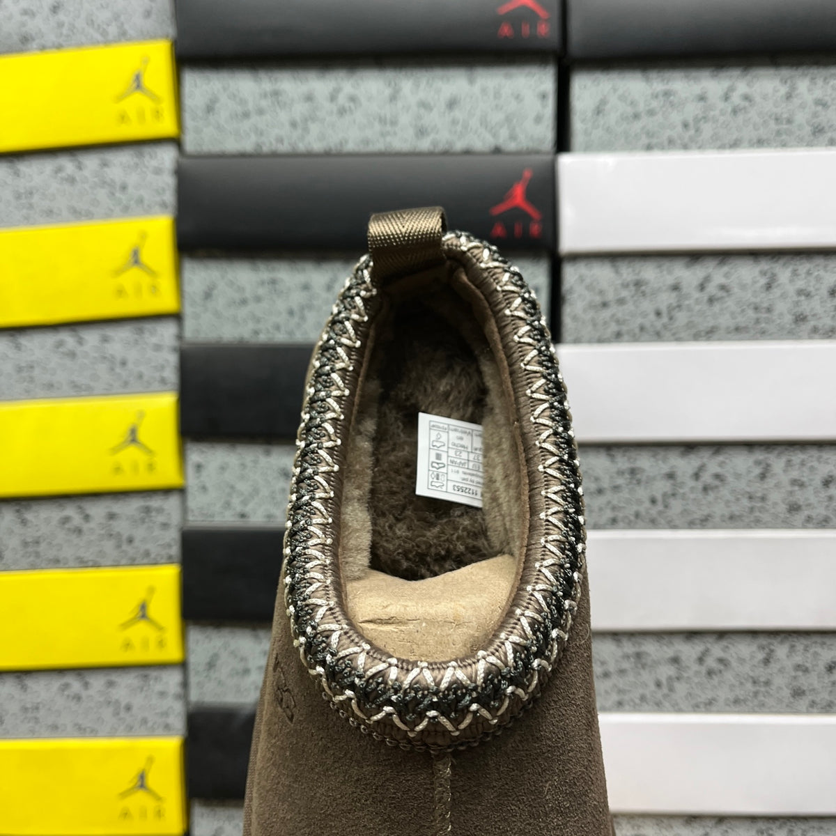 UGG Tazz Platform Slipper – Olive Suede with Embroidered Collar Trim