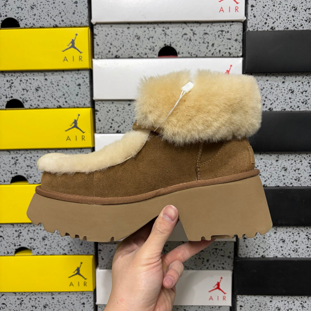 UGG Millen Lace Boot – Chestnut Suede Ankle Boot with Oversized Shearling Cuff & Chunky Platform Sole