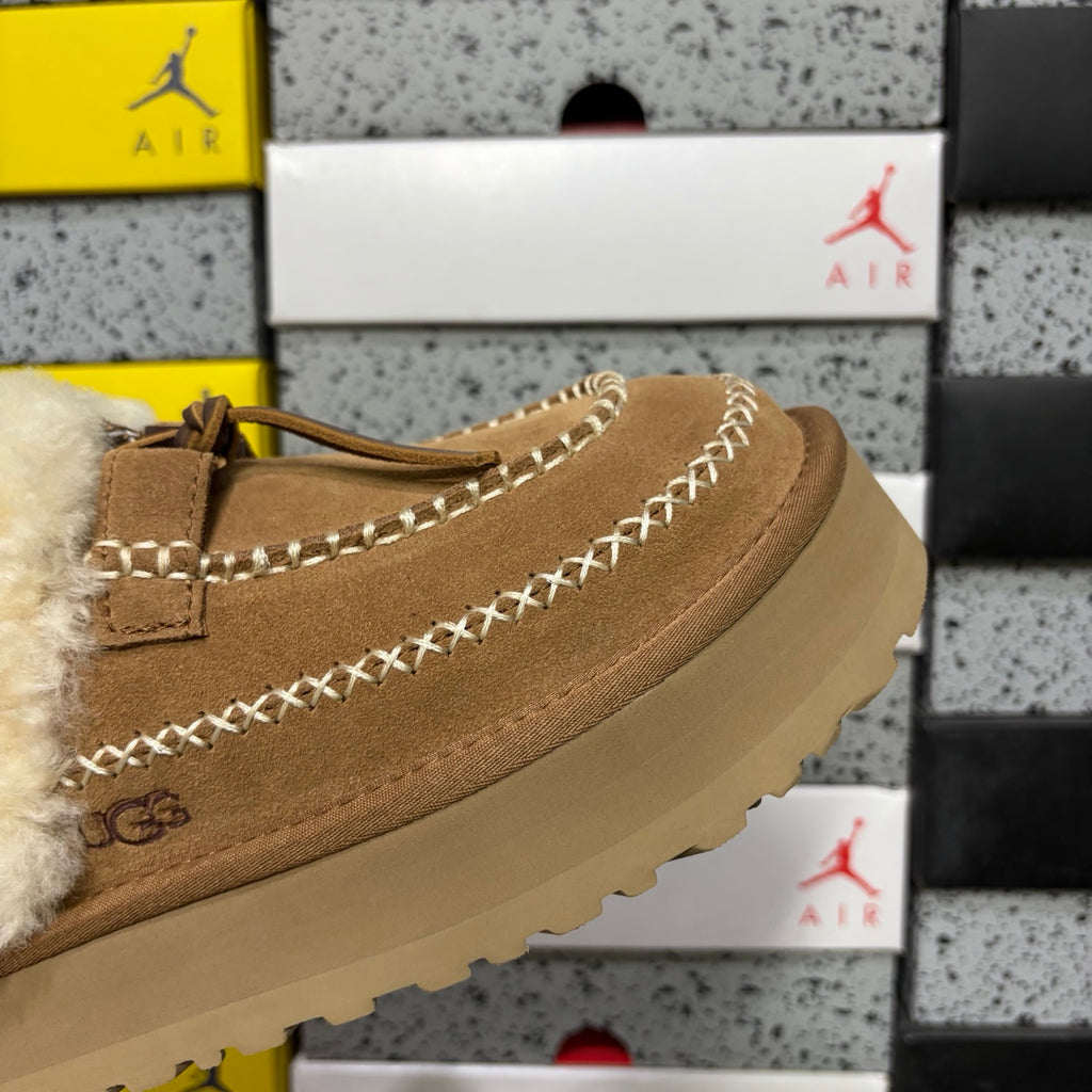 UGG Tazz Platform Slipper – Chestnut Suede Mule with Cream Shearling Cuff & Gold Moccasin Stitching