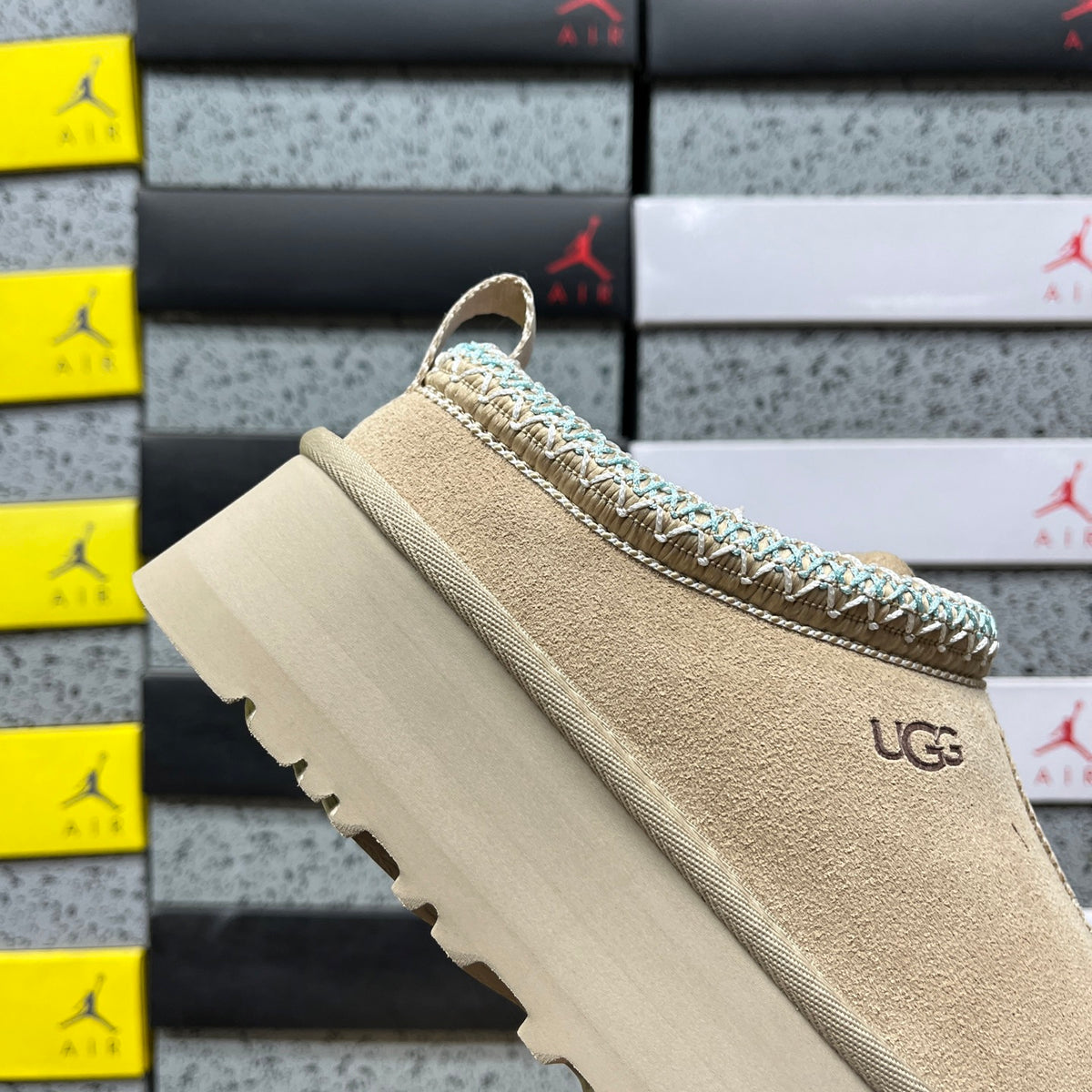 UGG Platform Snow Boots – Sand Suede & Teal Woven Collar