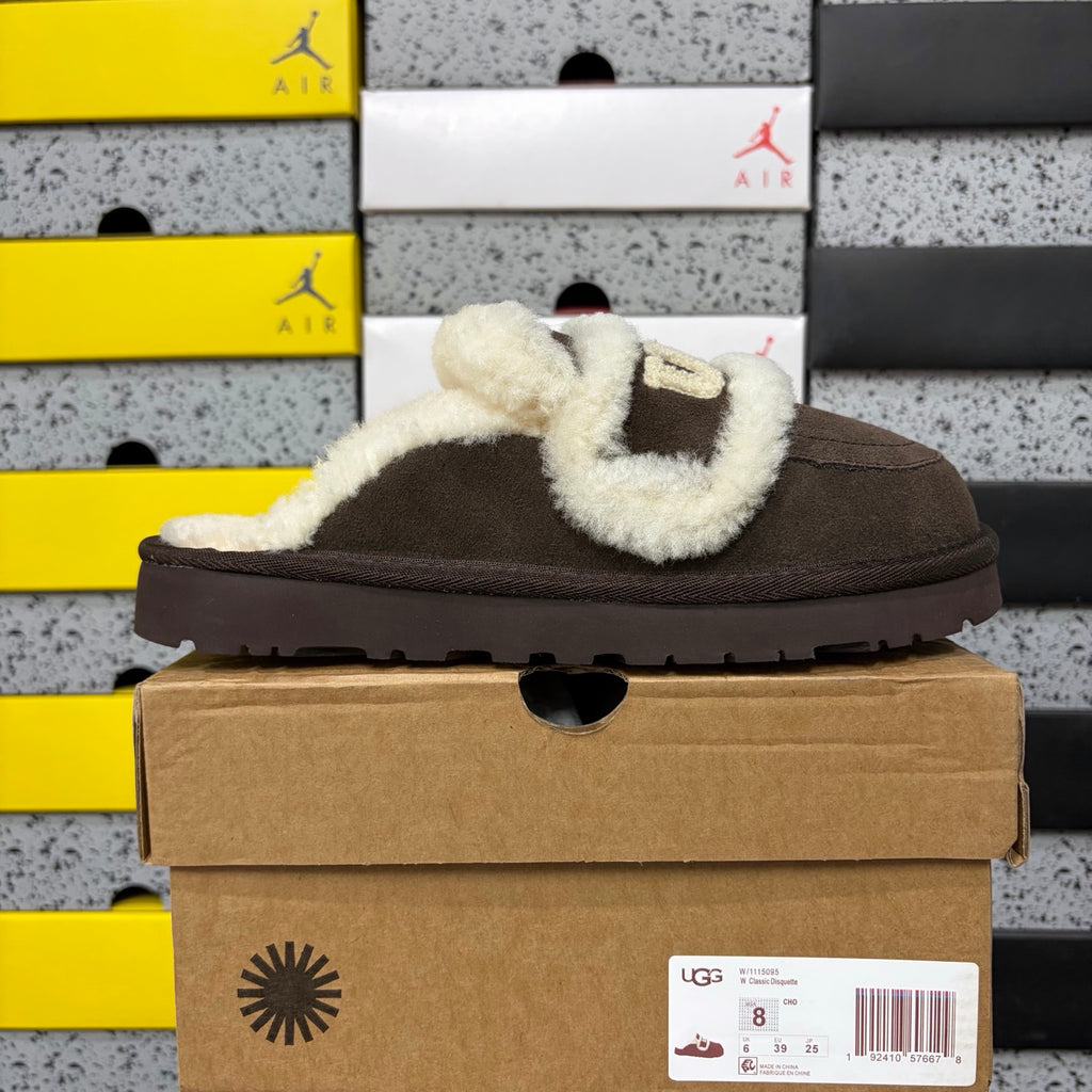 UGG Cozee Squish Slide – Espresso Suede Open-Toe Sandal with Cream Shearling Knot Strap & Dark Lug Sole