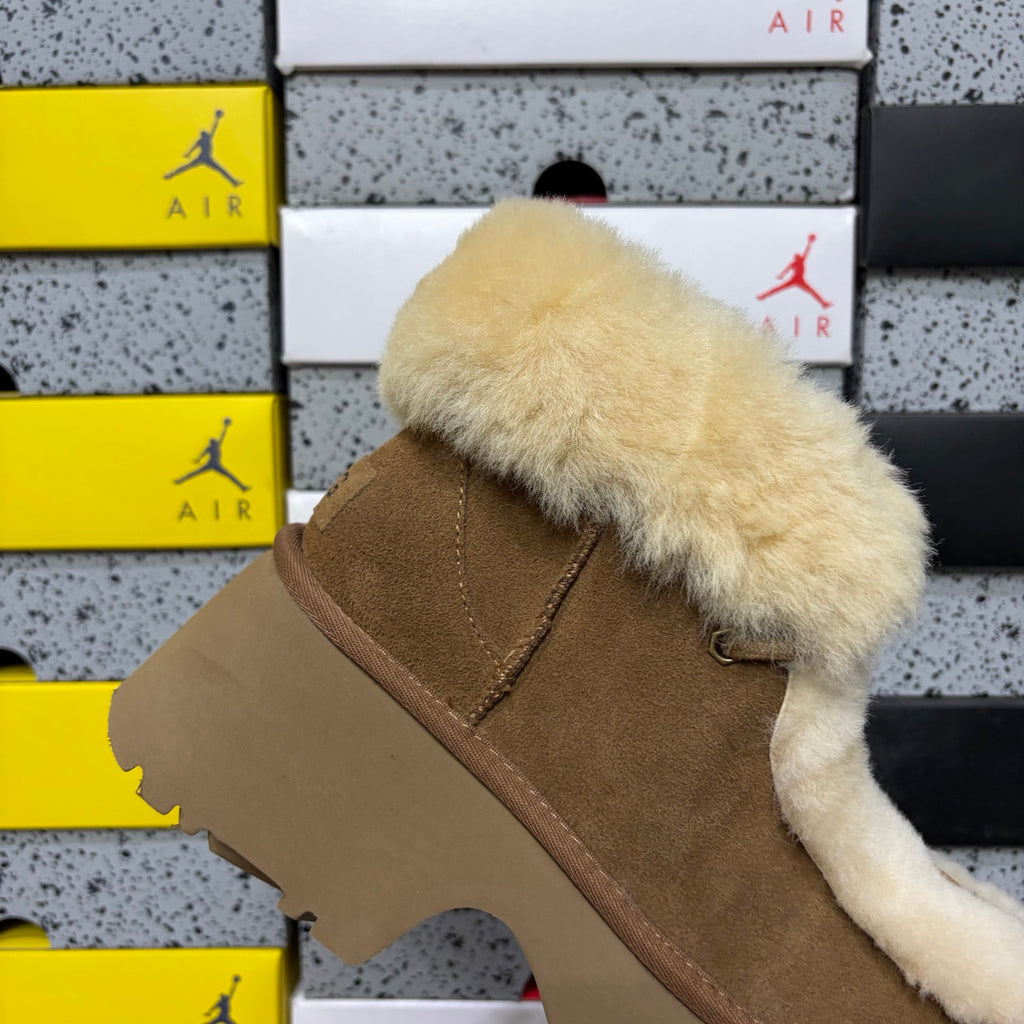 UGG Millen Lace Boot – Chestnut Suede Ankle Boot with Oversized Shearling Cuff & Chunky Platform Sole