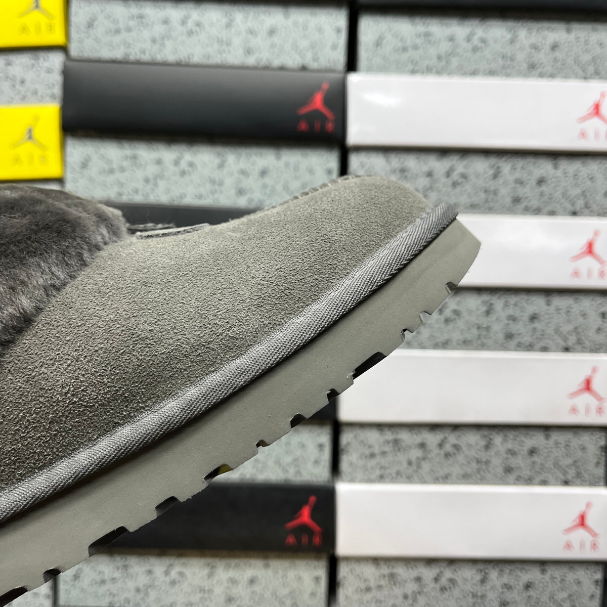 UGG Classic Mini Boot – Grey Suede with Oversized Fluffy Shearling Cuff