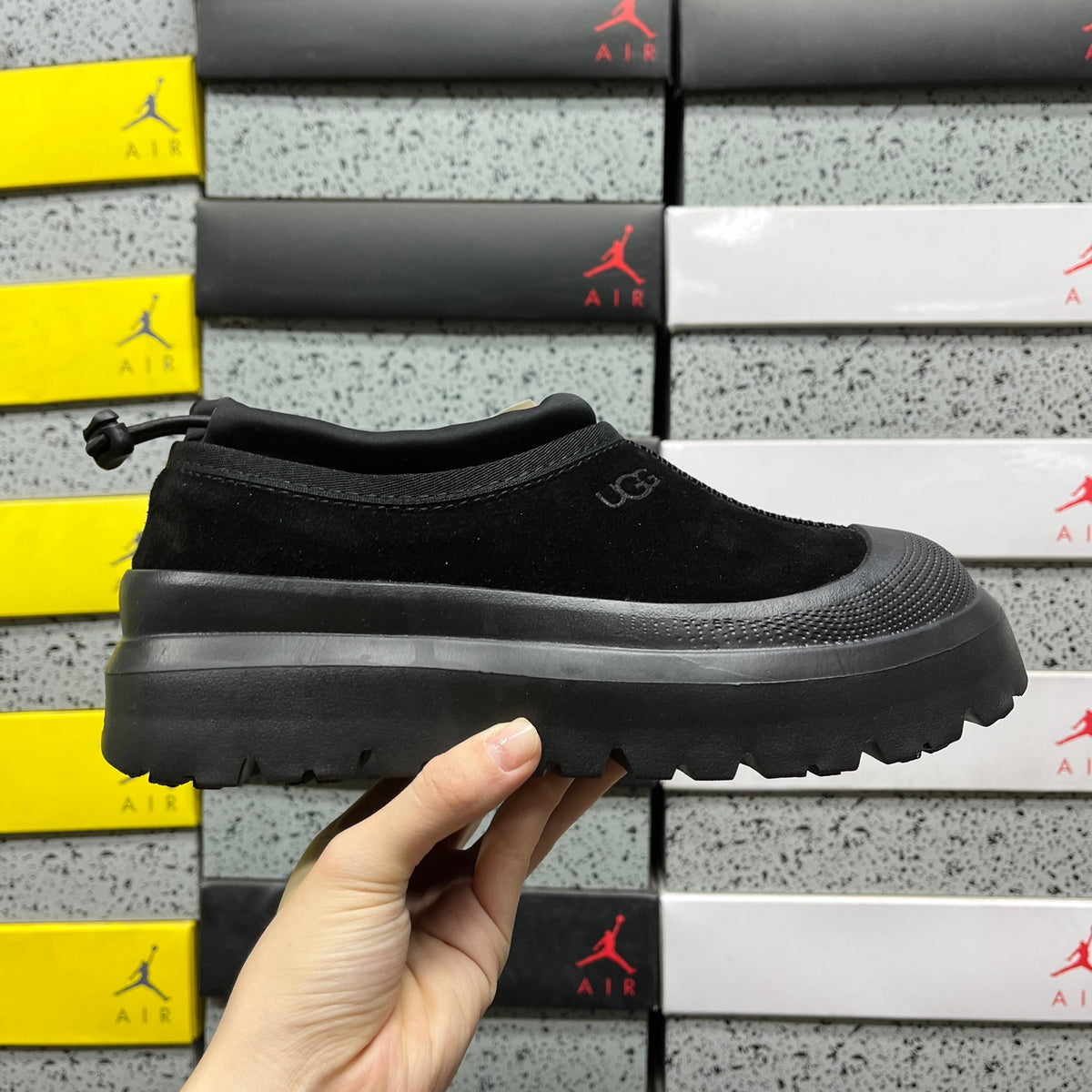 UGG Tasman Weather Hybrid – All-Black Suede Slip-On with Sheepskin Lining & Black SugarSole