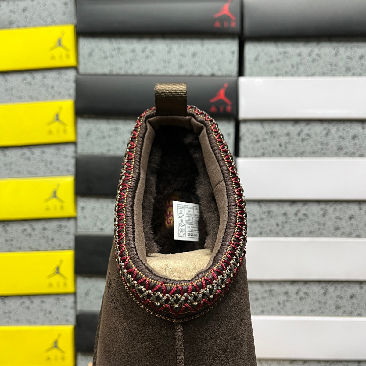 UGG Tazz Platform Slipper – Chocolate Suede with Multi-Color Woven Collar Trim
