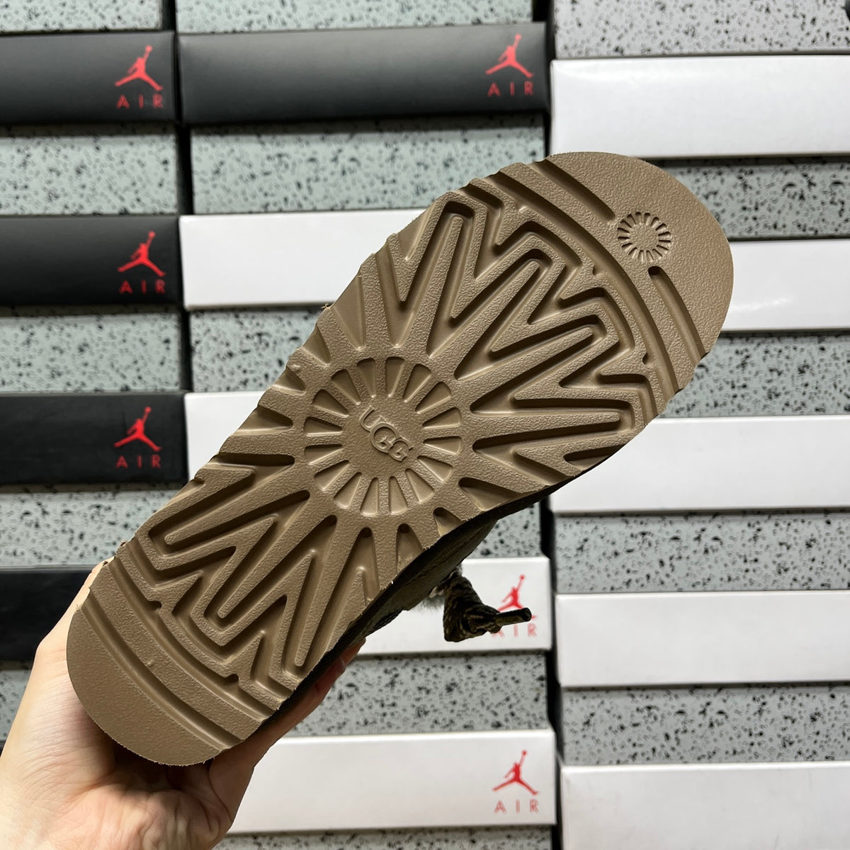 UGG Lowmel Sneaker – Moss Green Suede & Mesh with Pompom Laces & Gum SugarSole