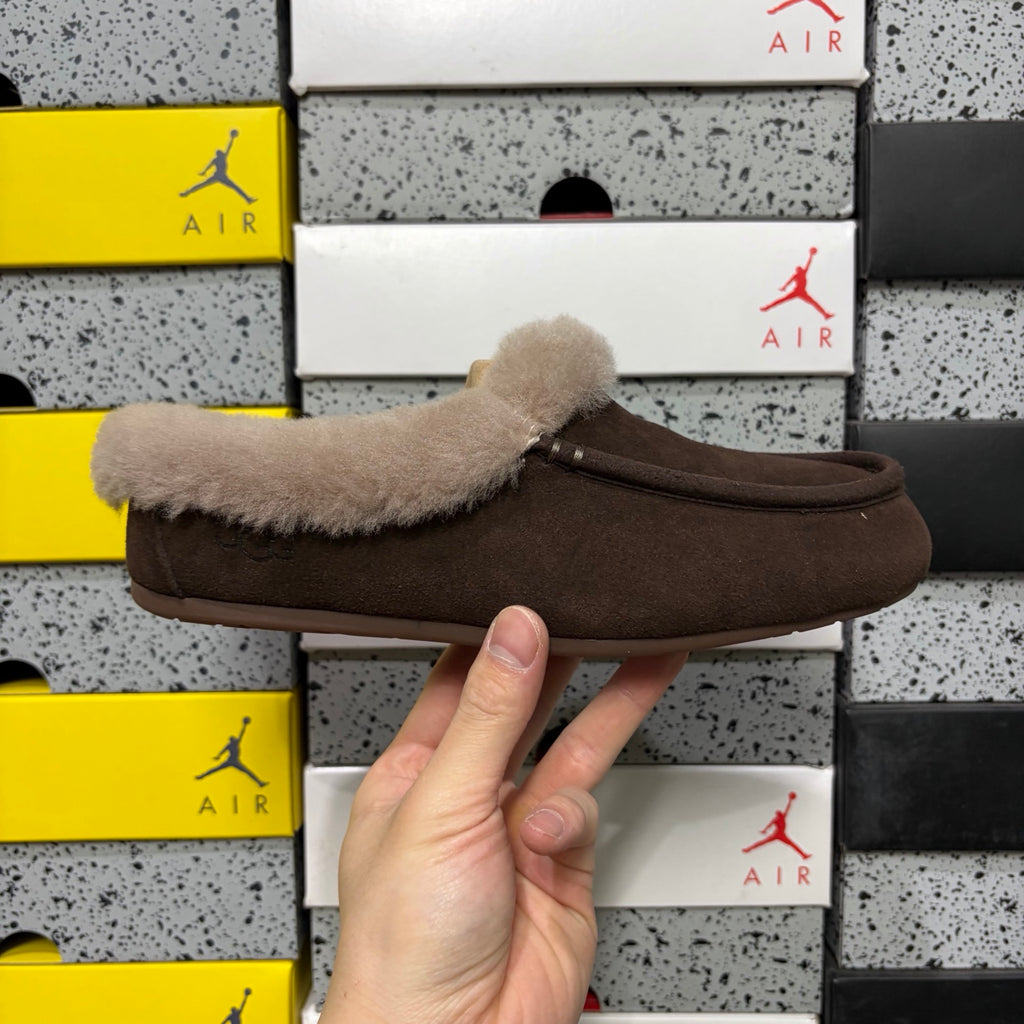 UGG Shearling Mule – Espresso Suede Open-Back Clog with Taupe Shearling Cuff & Silver Hardware