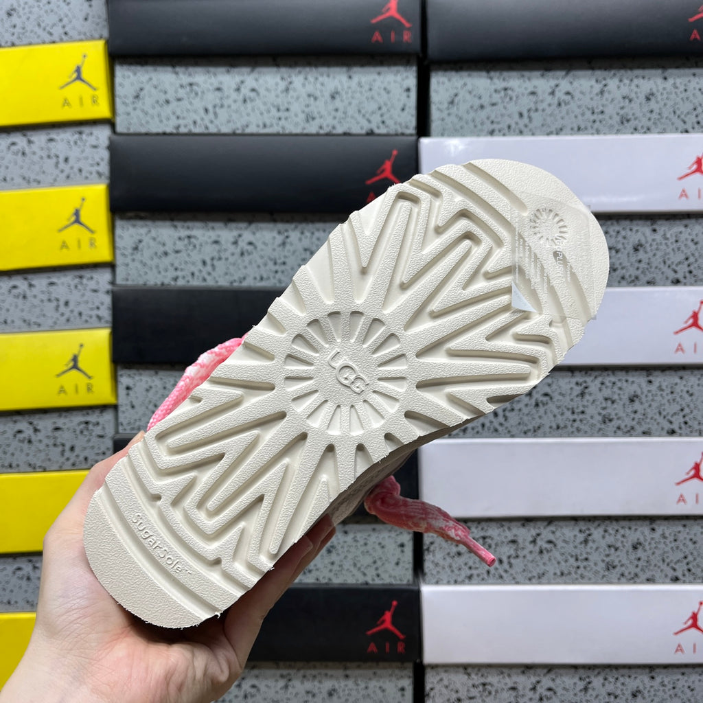 UGG Lowmel Sneaker – Cream Suede with Fluffy Pink Laces & Pompom Charm