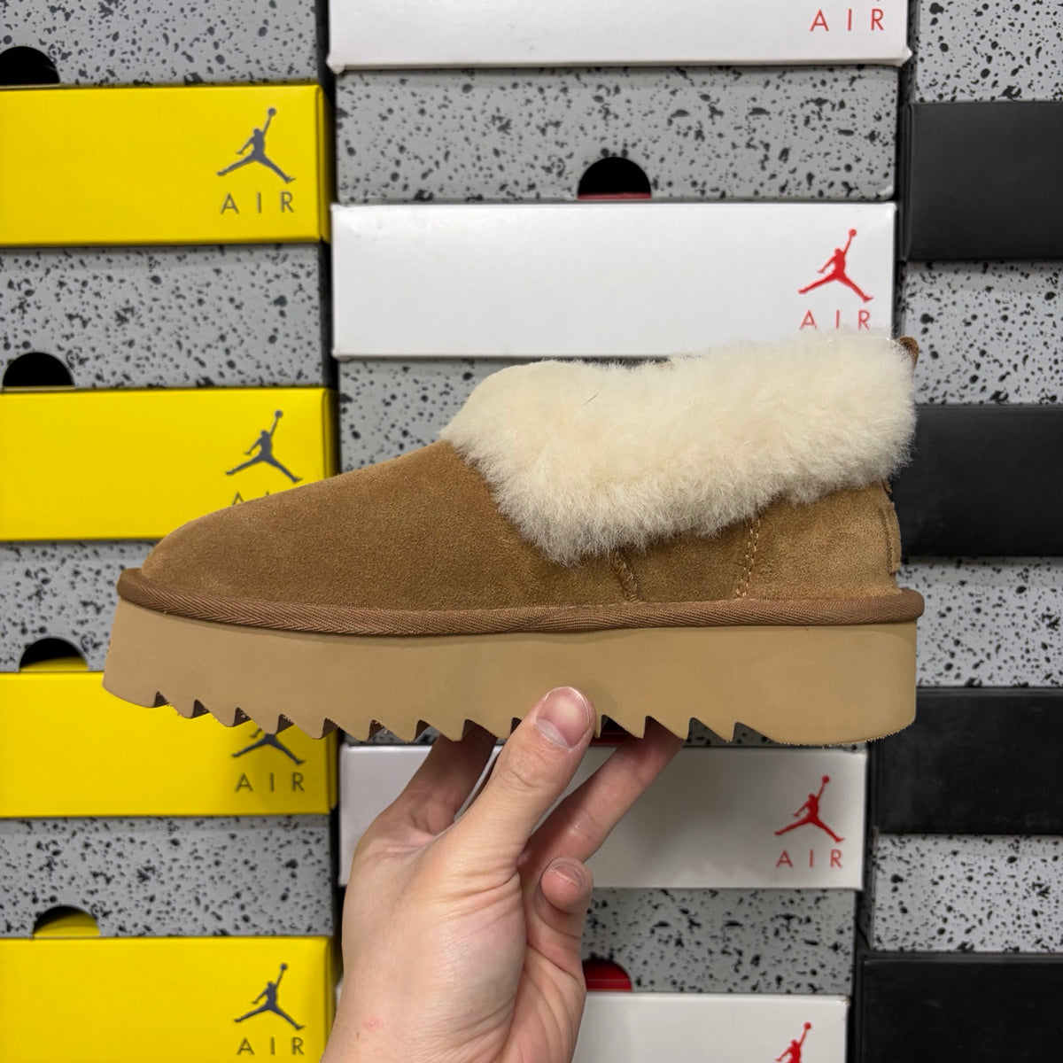 UGG Kallen Lace – Chestnut Suede Platform Bootie with Cream Sheepskin Cuff, Back Lace Detail & Warm Gum Sawtooth Sole