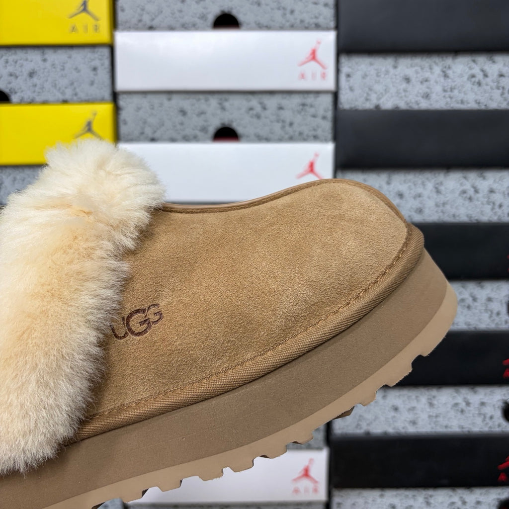 UGG Disquette Platform Slippers – Chestnut Suede & Shearling Fur Slide