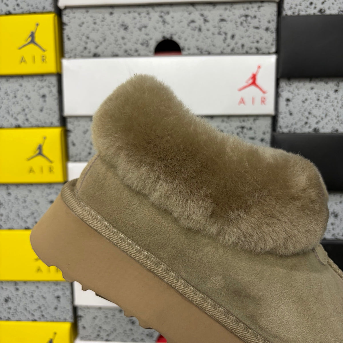 UGG Tazz Slipper – Olive Suede Platform Mule with Tonal Olive Sheepskin Cuff & Gum Lug Sole