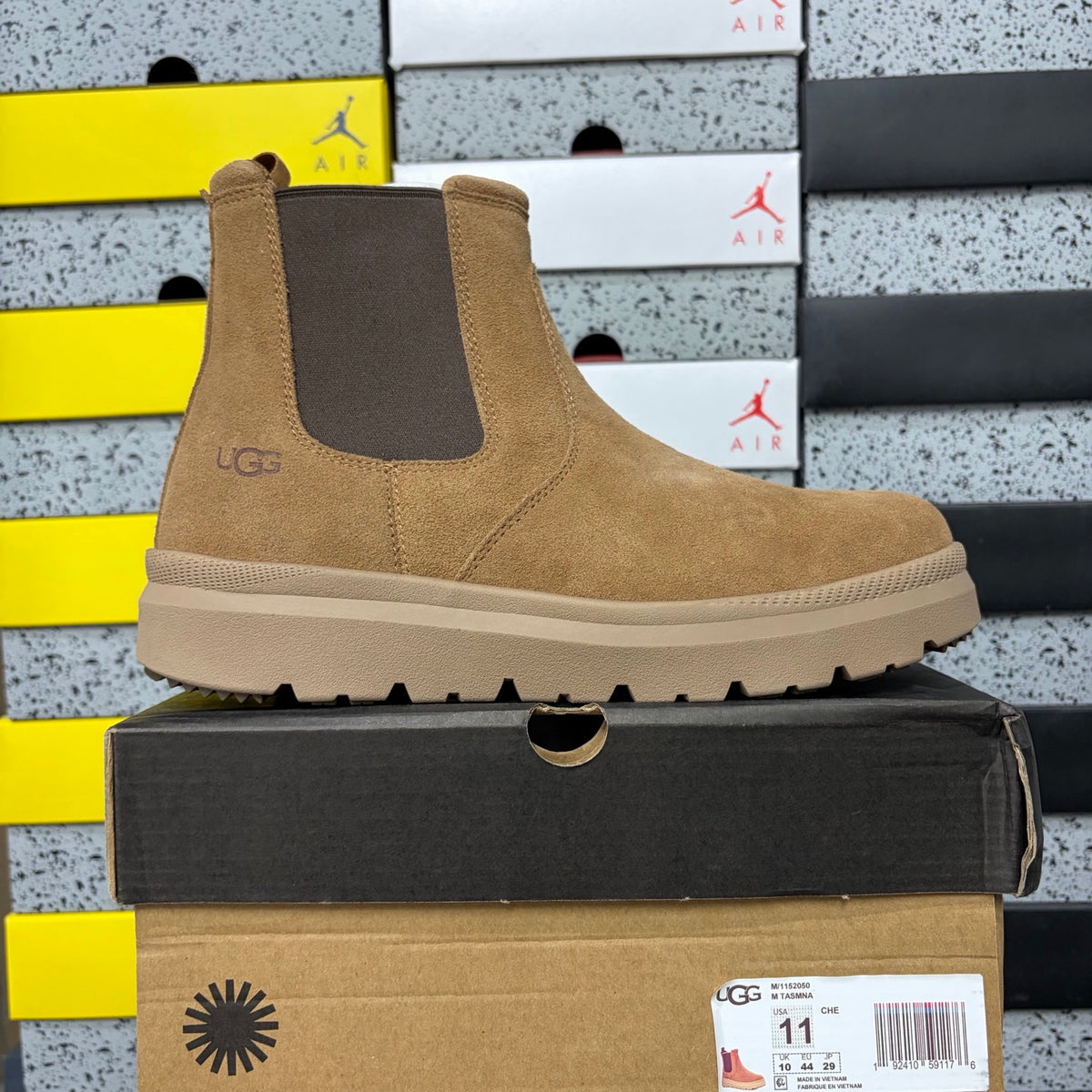 UGG Burleigh Chelsea Boot – Chestnut Suede Slip-On with Elastic Gussets, UGGplush Two-Tone Gum Outsole & Red UGG Heel Medallion