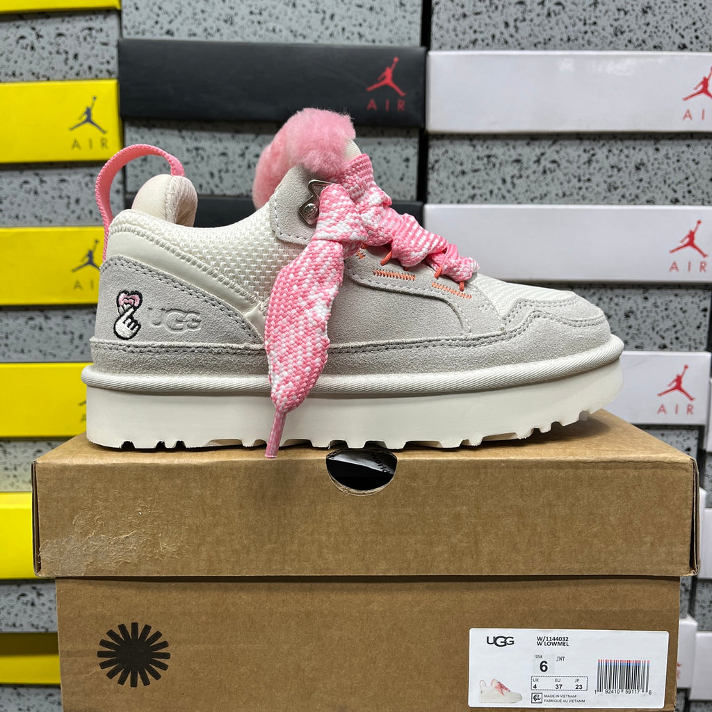 UGG Lowmel Sneaker – Cream Suede with Fluffy Pink Laces & Pompom Charm