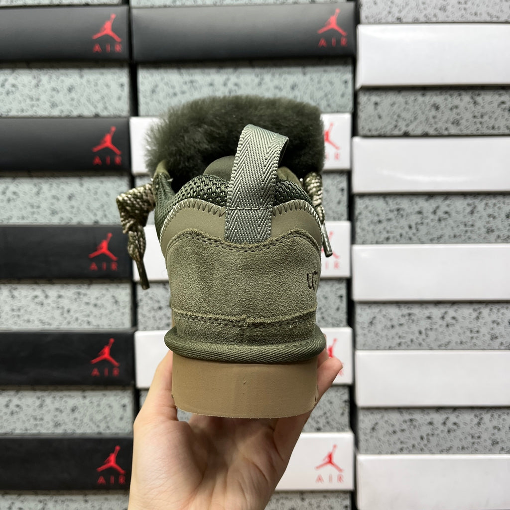 UGG Lowmel Sneaker – Moss Green Suede & Mesh with Pompom Laces & Gum SugarSole
