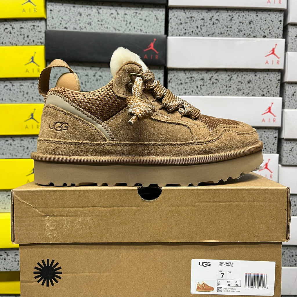 UGG Lowmel Sneaker – Chestnut Suede & Mesh with Sheepskin Collar & Tan SugarSole