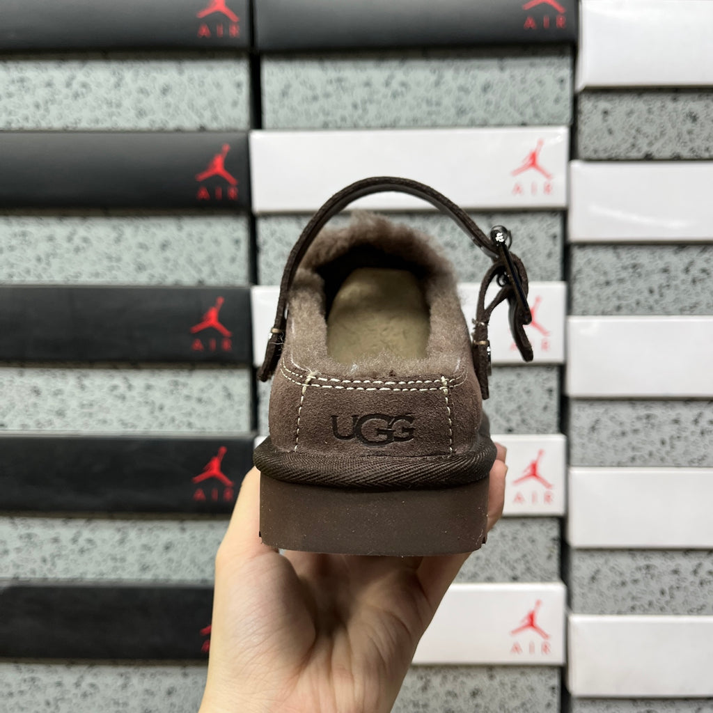 UGG Goldenstar Evelina Clog – Espresso Suede Platform Clog with Snap Closure & Sheepskin Lining