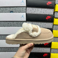 UGG Shearling Slide – Sand Suede Open-Toe Sandal with Sculptural Curly Shearling Knot Strap