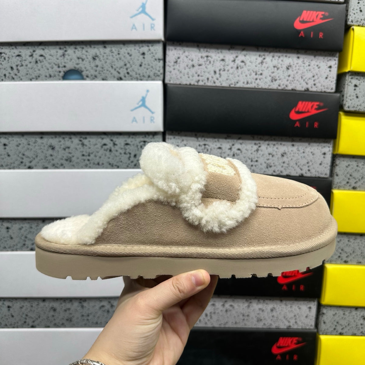 UGG Shearling Slide – Sand Suede Open-Toe Sandal with Sculptural Curly Shearling Knot Strap