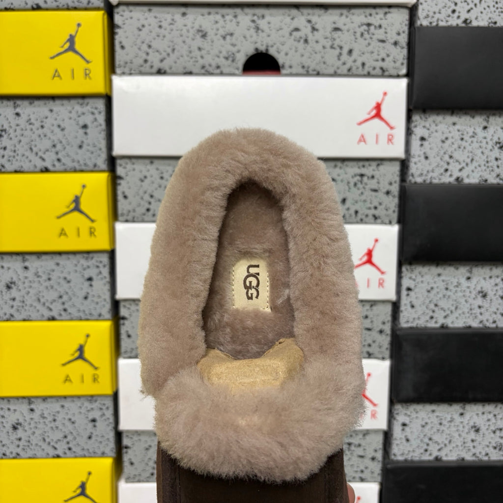 UGG Shearling Mule – Espresso Suede Open-Back Clog with Taupe Shearling Cuff & Silver Hardware