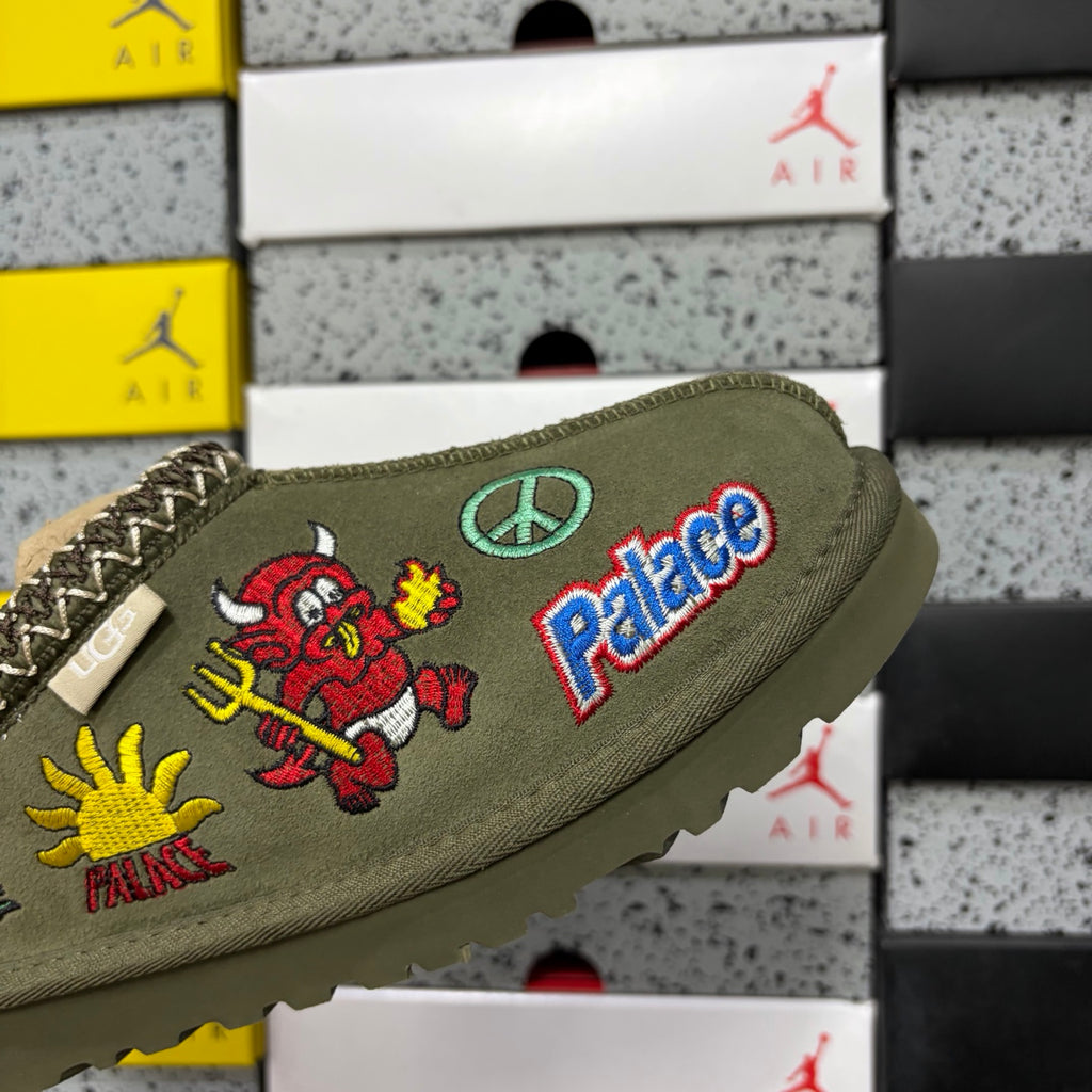 UGG × Palace Skateboards Tasman Slipper – Olive Suede with Embroidered Graphic Patches & Herringbone Braid Trim