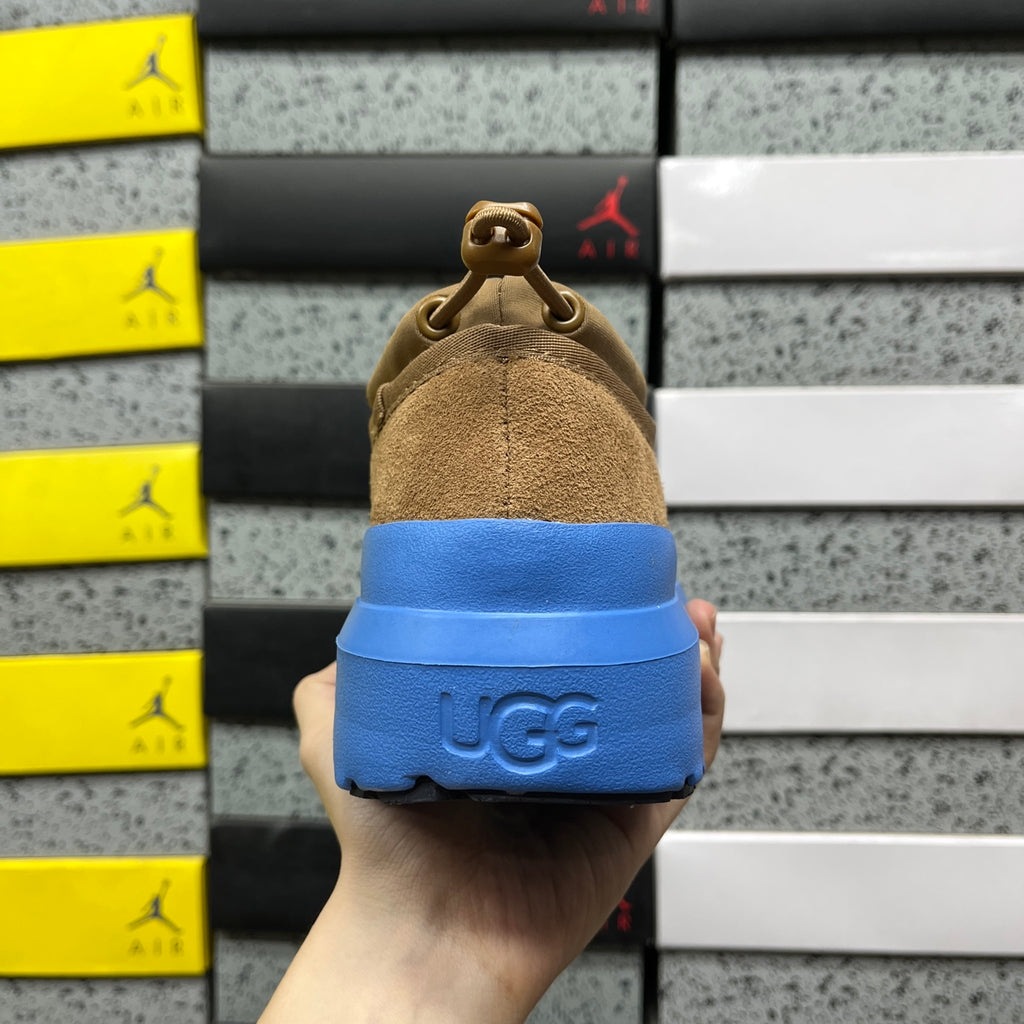 UGG Tasman Weather Hybrid – Tan Suede Slip-On with Cobalt Blue SugarSole & Sheepskin Lining