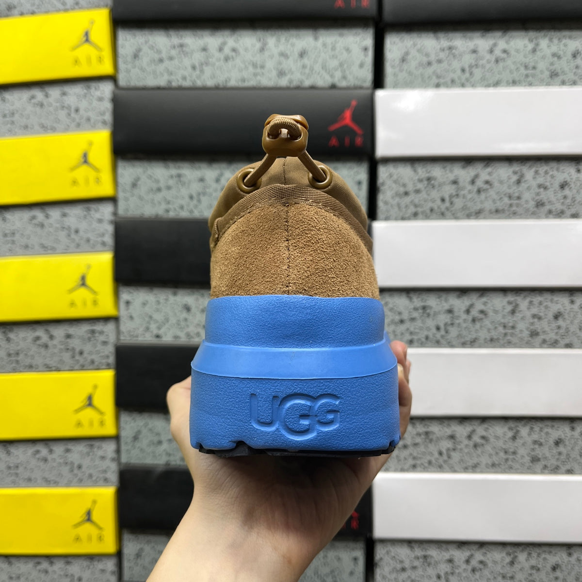 UGG Tasman Weather Hybrid – Tan Suede Slip-On with Cobalt Blue SugarSole & Sheepskin Lining