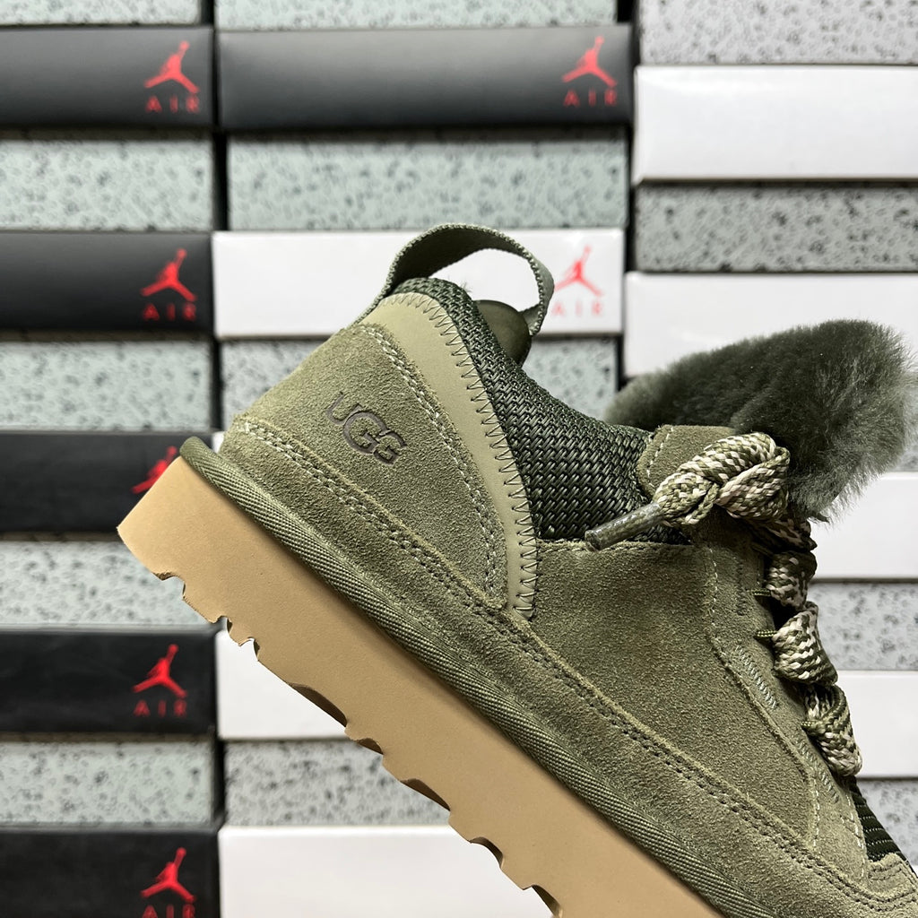 UGG Lowmel Sneaker – Moss Green Suede & Mesh with Pompom Laces & Gum SugarSole
