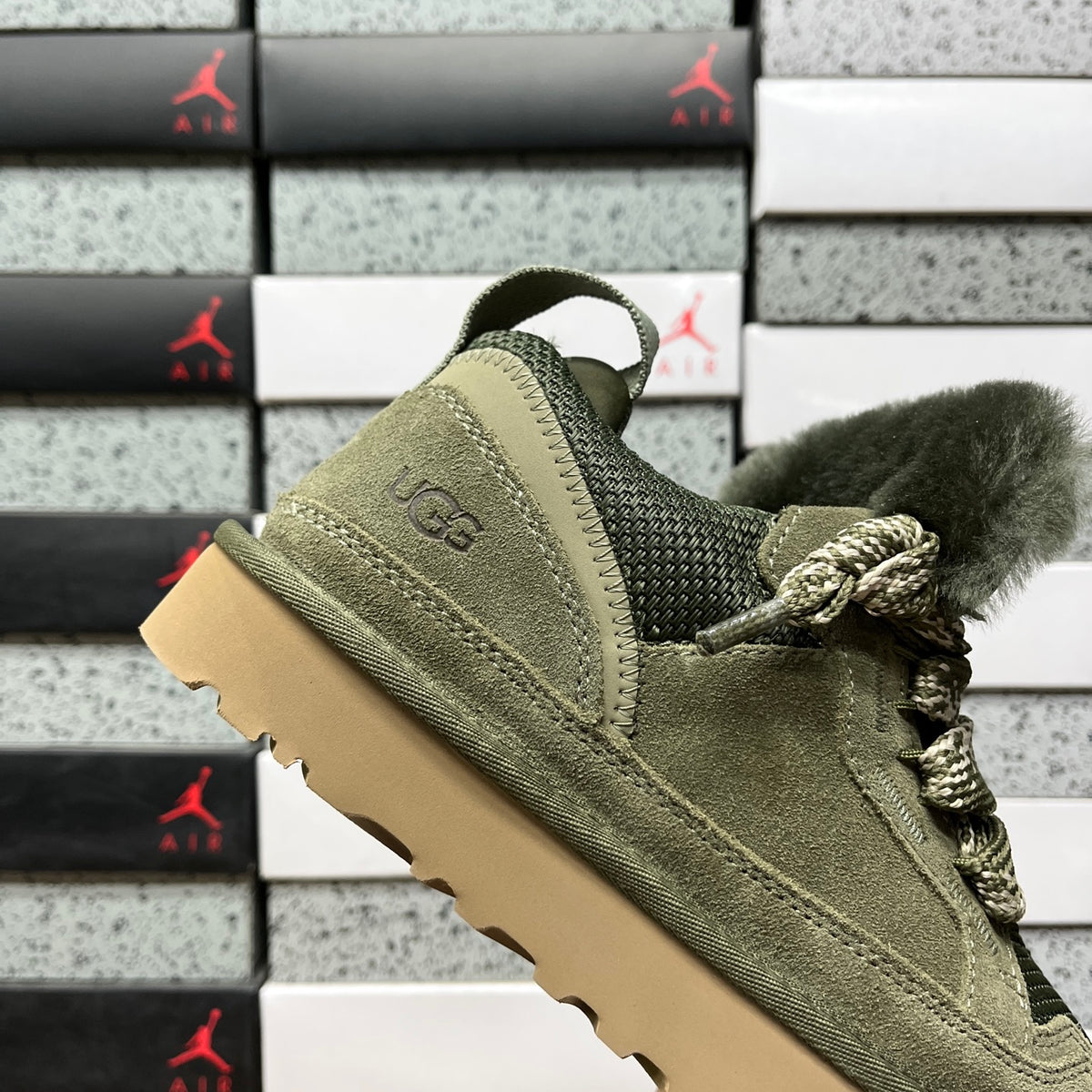 UGG Lowmel Sneaker – Moss Green Suede & Mesh with Pompom Laces & Gum SugarSole