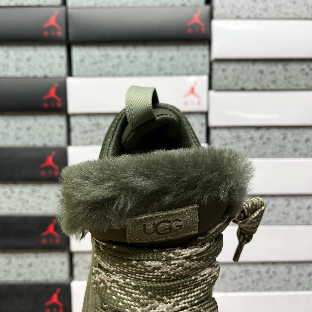 UGG Lowmel Sneaker – Moss Green Suede & Mesh with Pompom Laces & Gum SugarSole