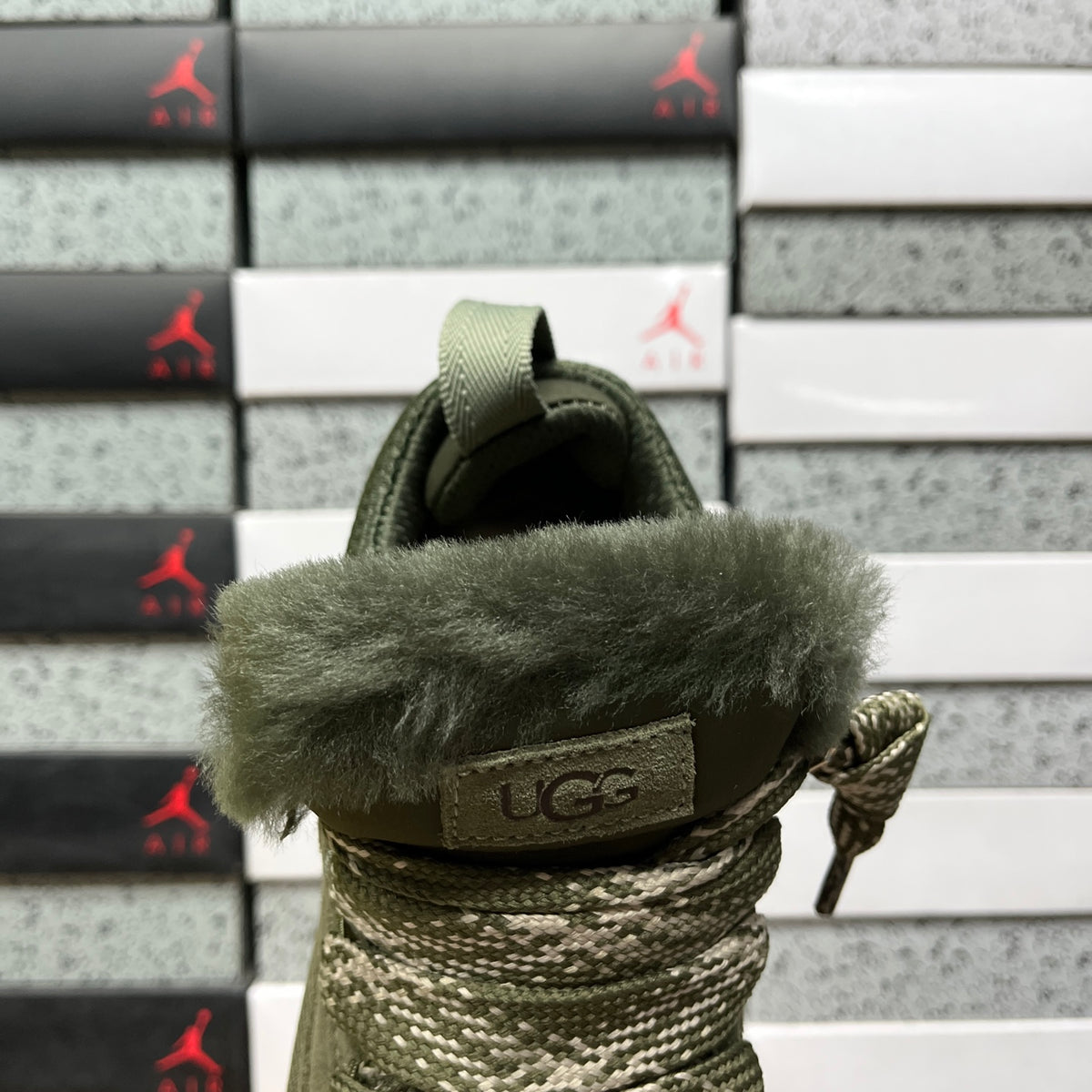 UGG Lowmel Sneaker – Moss Green Suede & Mesh with Pompom Laces & Gum SugarSole