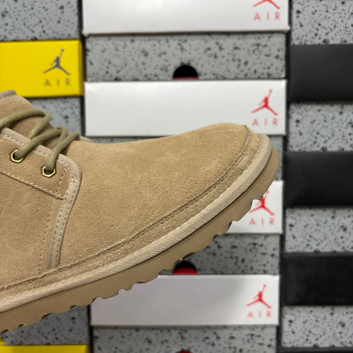 UGG Neumel Boot – Sand/Beige Suede Lace-Up Chukka with Blue Heel Pull Tab, Debossed UGG Logo & Gum Sole