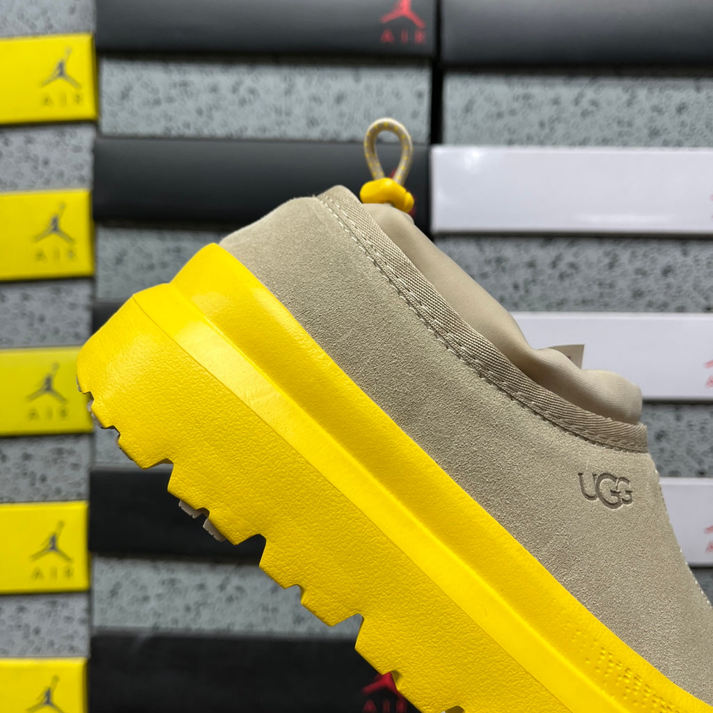 UGG Tasman Weather Hybrid – Sand Suede Slip-On with Yellow SugarSole & Sheepskin Lining