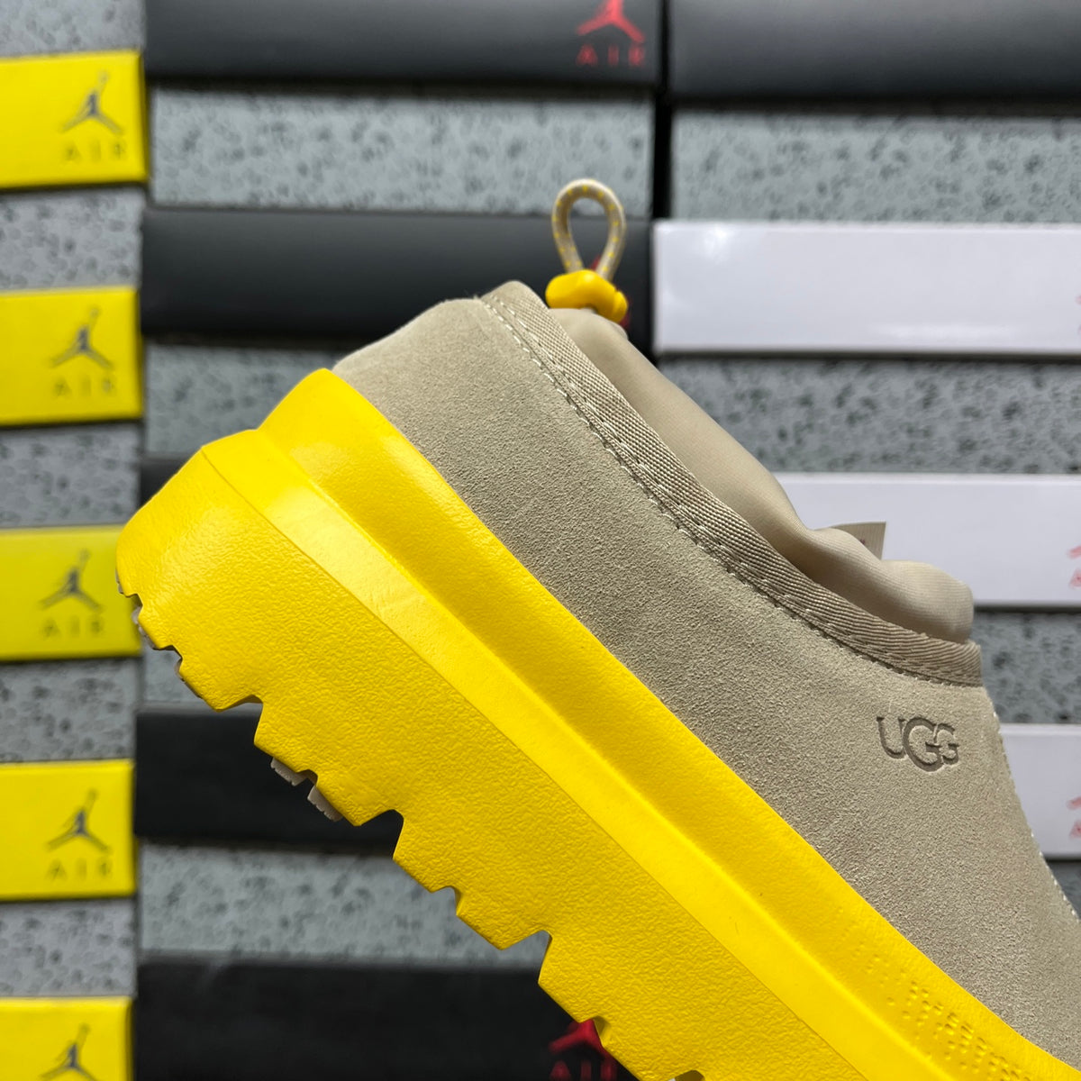 UGG Tasman Weather Hybrid – Sand Suede Slip-On with Yellow SugarSole & Sheepskin Lining
