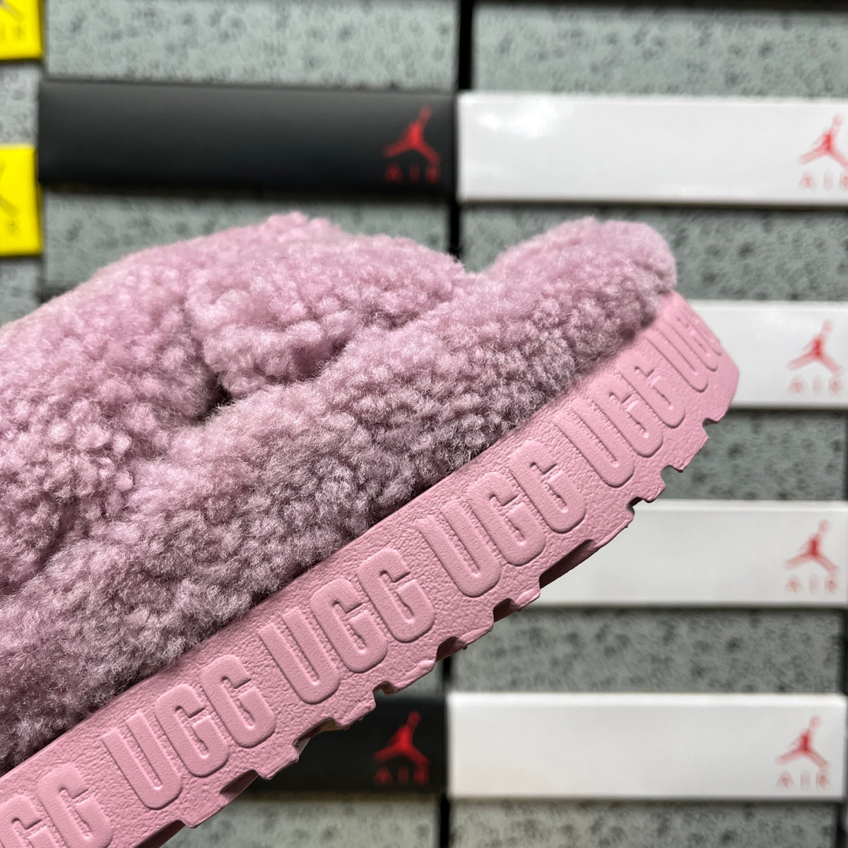 UGG Fluff Sugar Slide – Pink Teddy Shearling Crossband Sandal with Branded Platform Sole